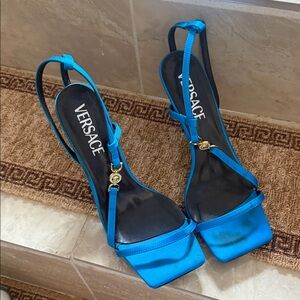 Versace Bright Turquoise Satin Slingback Heels with Gold Medusa